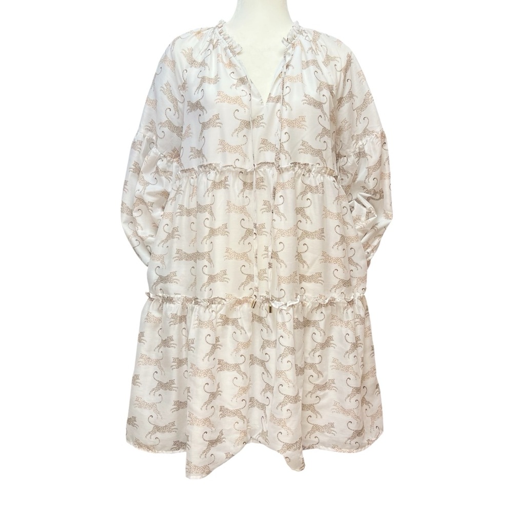 Tiered Leopard Patterned Midi Dress with Pockets. Size Medium